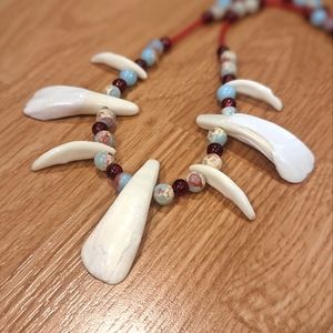 FINAL SALE Buffalo Tooth Impression Jasper Ruby Red Stainless Steel Necklace